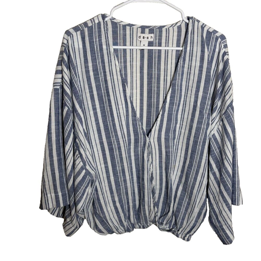 Dash Blouse Women's Medium V-Neck Blue 3/4 Sleeve Lightweight Shirt Top